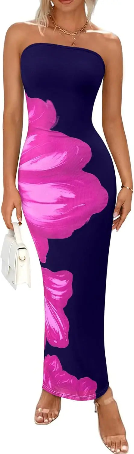 HLJ&GG Sexy Flowers Printing Bodycon Maxi Dresses Women Off Shoulder Sleeveless Backless Slim Vestidos Fashion Streetwear 2025