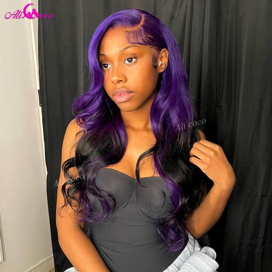 Ombre Purple Black Body Wave 13x6 13x4 HD Transparent Lace Front Human Hair Wigs Purple Colored Human Hair Wigs For Women