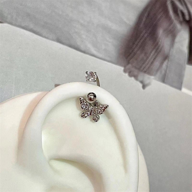 U-shaped Rhinestone 316L Stainless Steel Ring Ear Bone Nail for Women Love Hreat Butterfly Earrings Y2K Hottie Jewelry
