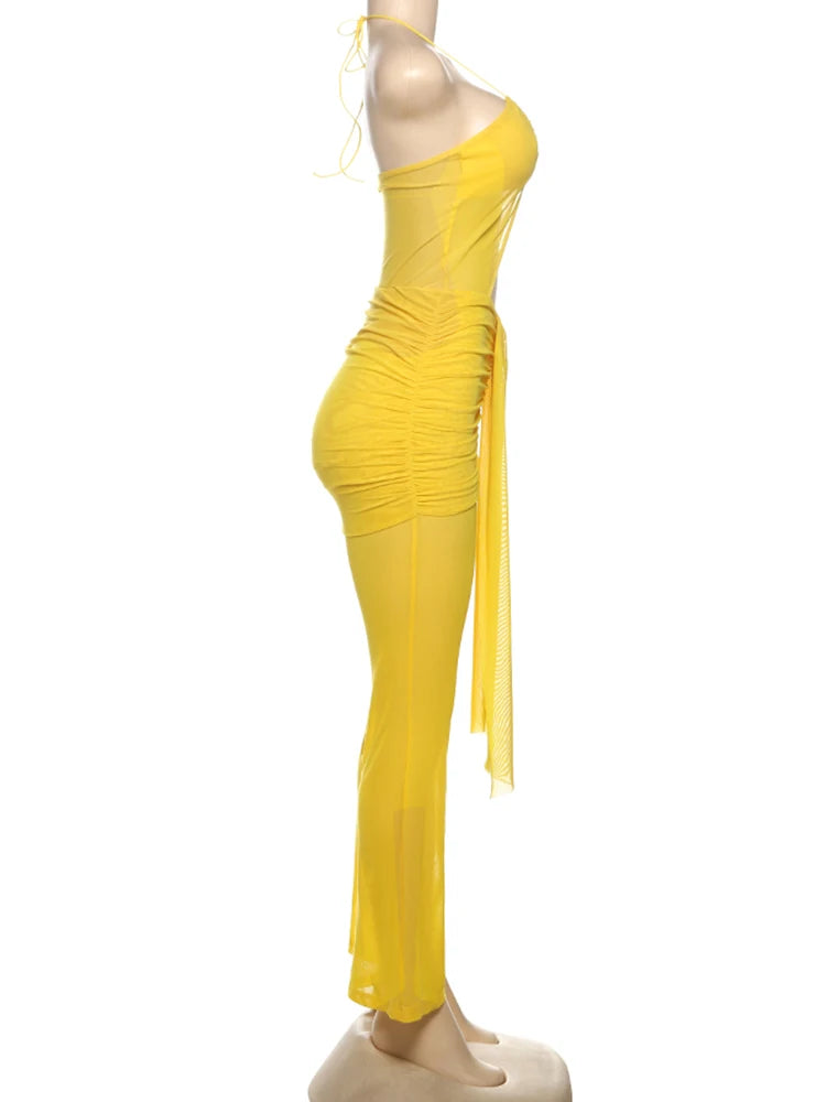 Weird Puss Backless Ruched Jumpsuit Women See Through Sexy Halter Ribbon Hollow Hipster Skinny Summer Clubwear Midnight Overalls