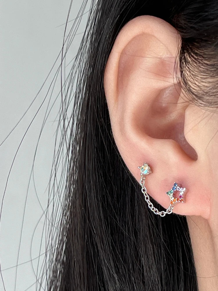 1PCS Pink Love Heart Chain Double Ear Hole 316L Stainless Steel Ear Bone Nail Y2K Fashion Hottie Earrings for Women Jewelry