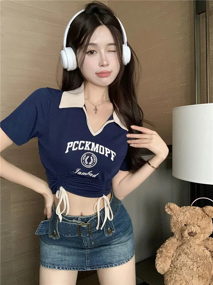 Women Designer Sweet Spicy Style Clothes Lady Drawstring Tie Up Crop Tops Female Turndown Collar Graphic Short Sleeved T-shirts