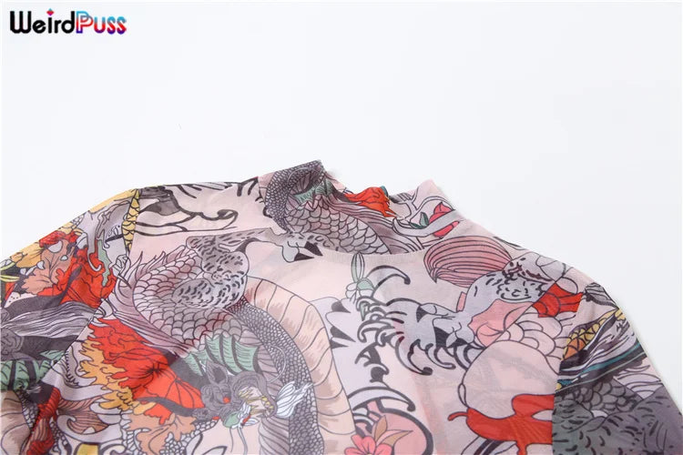 Weird Puss See Through Jumpsuit Women Backless Dragon Print Short Sleeve Fitness Activity Workout Overalls Slim Stretch Clubwear