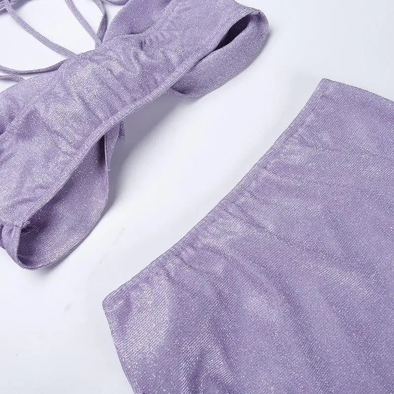 Women Sparkling 3 Piece Swimsuit Halter Neck Sexy Bathing Suit Hot Spring Ready Body Shaping Photogenic Swimwear Vacation Dress