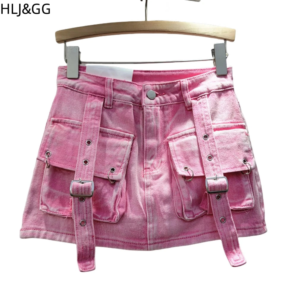 HLJ&GG Black Fashion Y2K Letter Print Two Piece Sets Women O Neck Sleeveless Top And Pocket Cargo Mini Skirts Outfits Streetwear