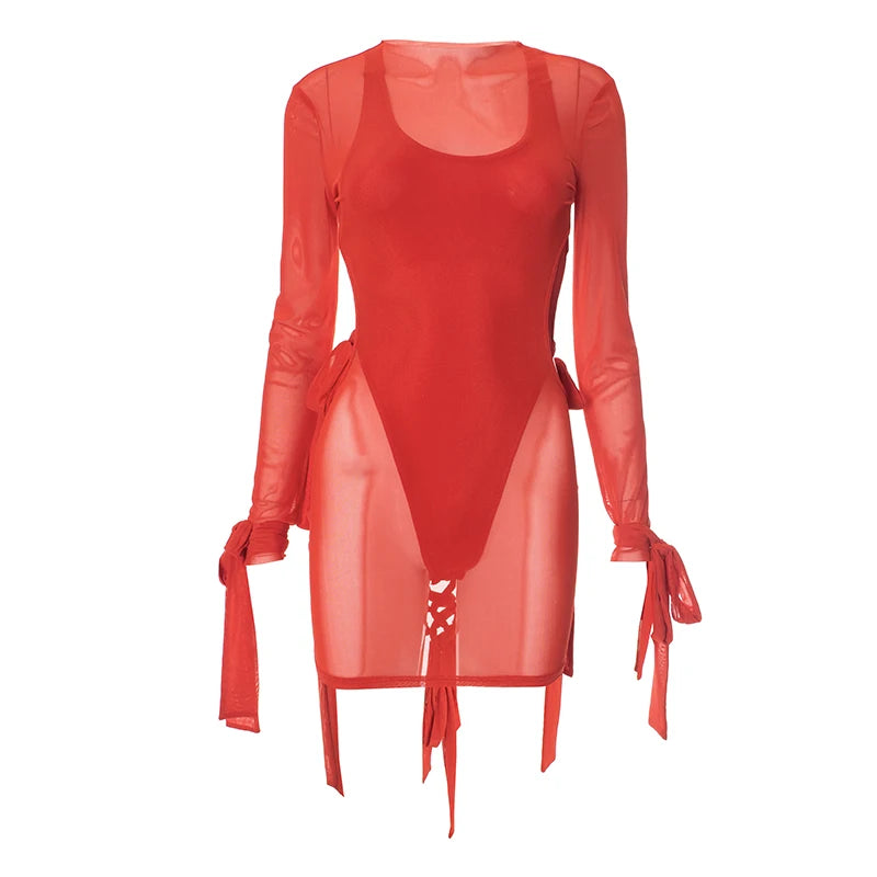 Weird Puss Irregular Backless 2 Piece Set Woman Bandgae Sexy Bodysuits+Mesh See Through Dress Vacation Beach Party Trend Outfits