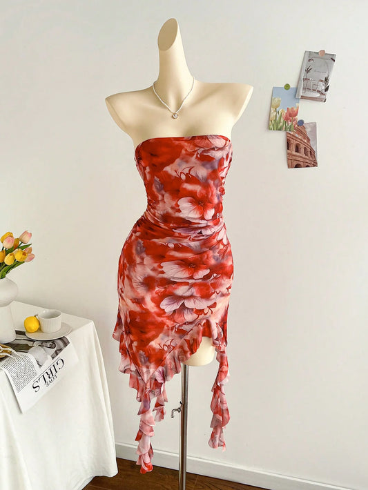 New spring/summer ladies sexy strapless, backless hemline irregular mini dress