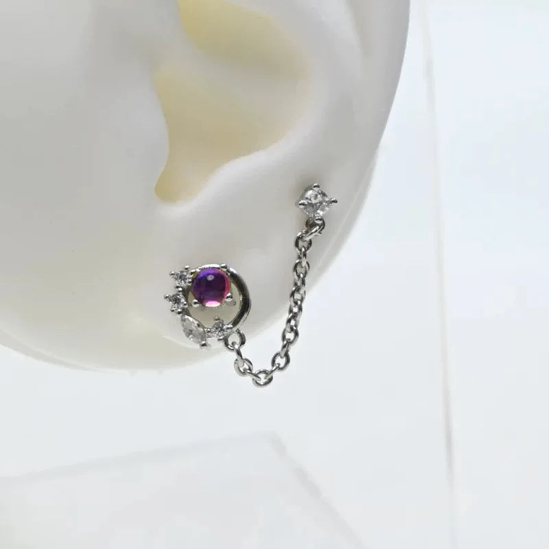 1PCS Pink Love Heart Chain Double Ear Hole 316L Stainless Steel Ear Bone Nail Y2K Fashion Hottie Earrings for Women Jewelry