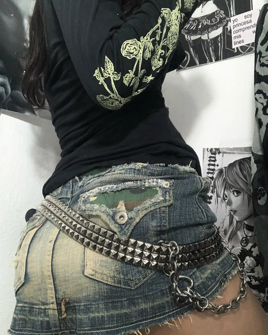 Y2k Retro Washed Camouflage Pattern Mini Skirt with High Waist and Hip Wrapped A Line Pleated Skirt Fashion Gothic jeans Skirts