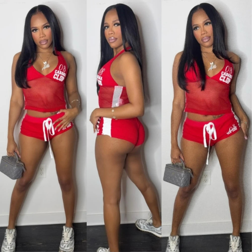 HLJ&GG Red Fashion Mesh Letter Print Two Piece Sets Women Halter Slim Crop Top+Drawstring Shorts Outfits Y2K Summer Streetwear