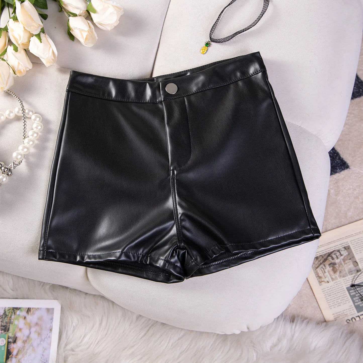 HLJ&GG Sexy Sequin Butterfly Tie Bra Vest Two Piece Sets Women Lace Up Sleeveless Backless Crop Top And Leather Shorts Outfits