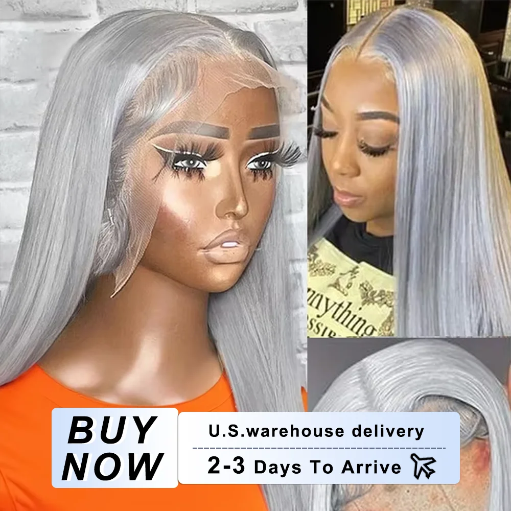 250% Grey Straight Lace Frontal Human Hair Wig 13x6 HD Transparent Lace Front Wigs Silver Gray Color Pre Plucked Human Hair Wig