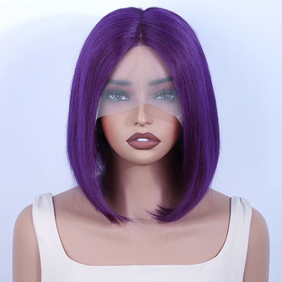 Brazilian Cosplay Purple Hair 13x5x1 T Part Transparent Lace Front Human Hair Wigs 180D Short Straight Lace Bob Wigs Human Wigs