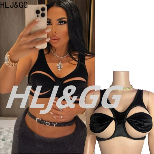 HLJ&GG Sexy Hollow Out Backless Slim Tank Top Women Round Neck Sleeveless Crop Vests Black Fashion Solid Nightclub Clothing 2025