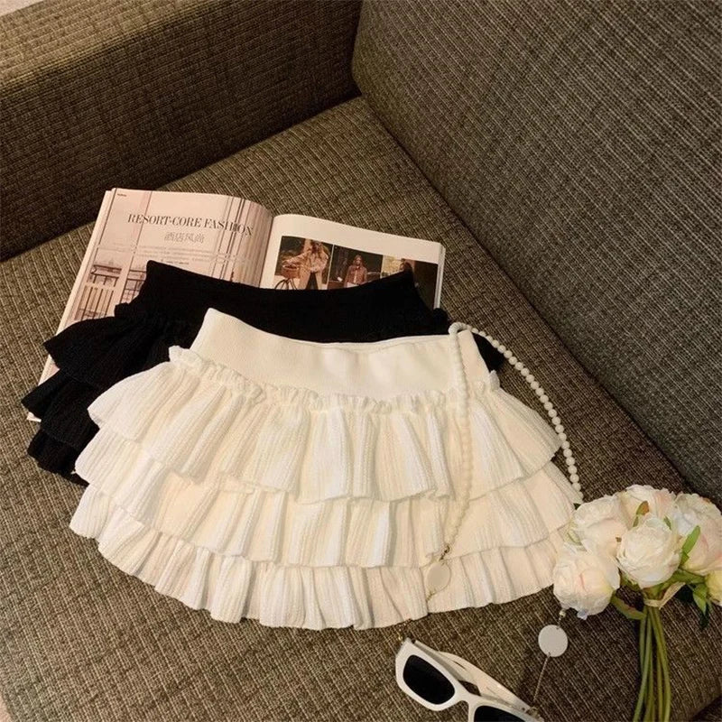 Sweet Puffy Cake Women Skirts Korean Fashion Ruched Ruffle Mini Skirt Campus Harajuku Casual Versatile Elastic Waist Solid Skirt