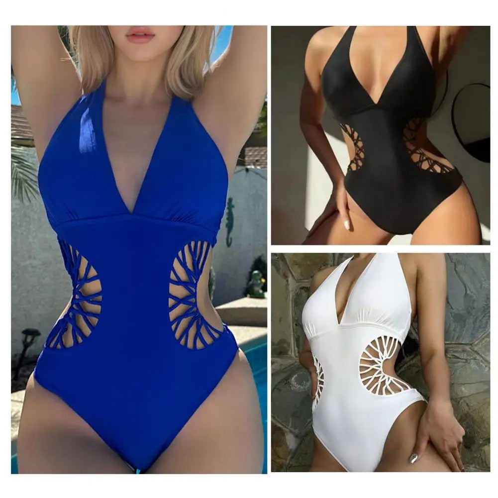 Summer Women Monokini Solid Color Hollow Out See-through Deep V Neck Lady Swimsuit Elastic High Waist Padded Bathing Suit