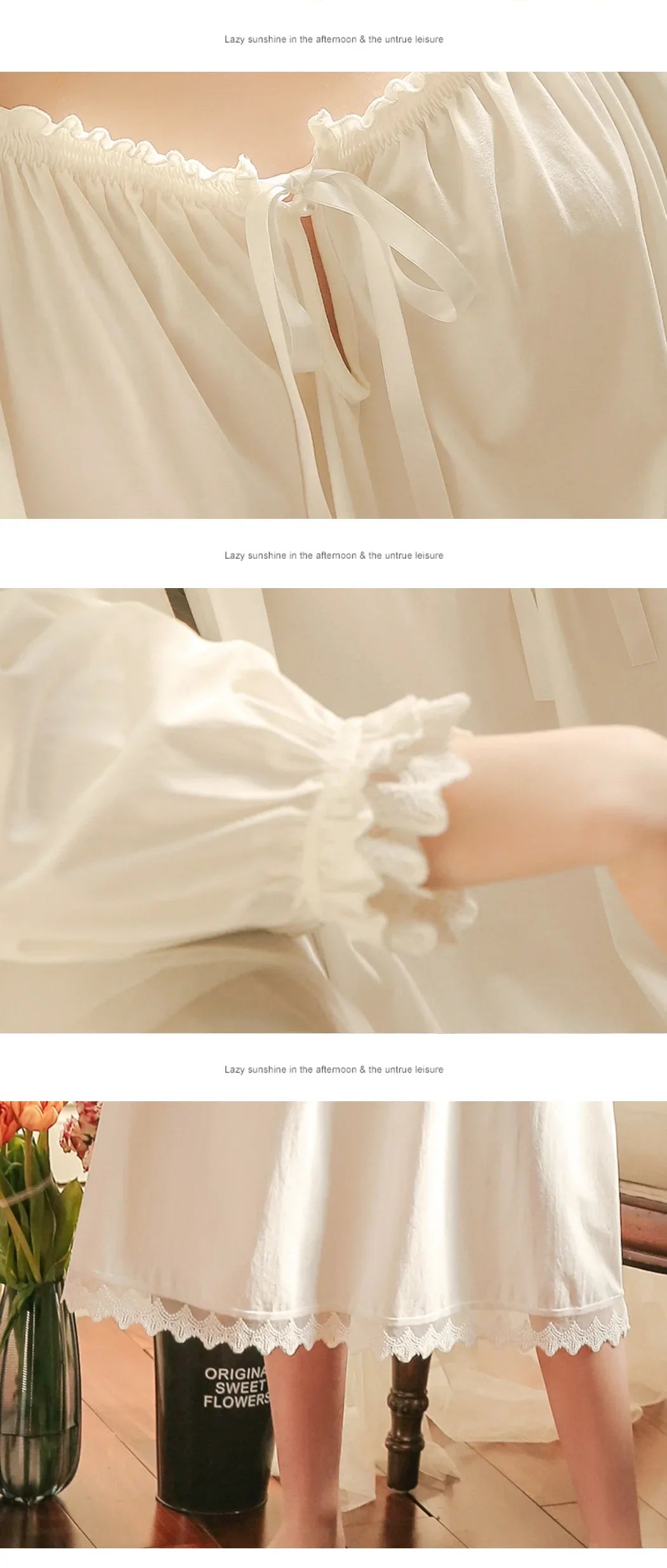 Women Cotton Spring Nightgowns Vintage Princess Nightdress Long Sleeve Loose Pajama Dress Ruffles Lace-up Victorian Sleepwear