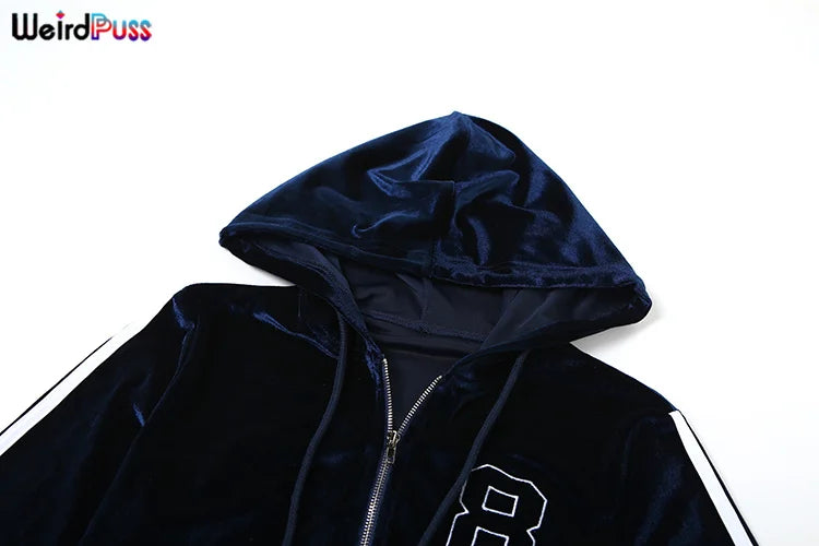 Weird Puss Casual Sporty 2 Piece Set Women Hooded Shirring Zipper Number Print Jacket+Contrast Patchwork Mini Shorts Simple Suit