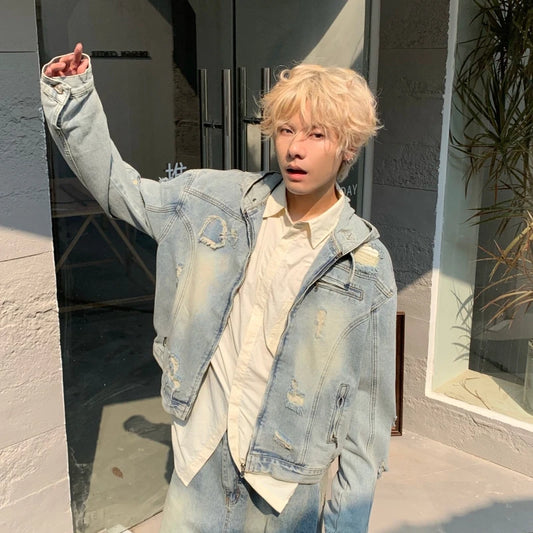 New Hooded Mens Denim Jacket 2024 American Retro High Street Loose Couple Tops Hip Hop Streetwear Trendy Washed Cowboy Coats