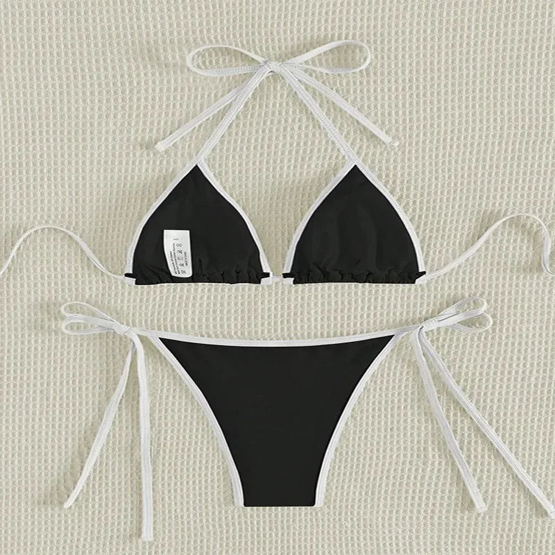 Contrast Color Patchwork Bikinis Bathing Suit Women Sexy Lace Up Triangle Thong Micro Bikini 2025 New Swimwear Biquini Beachwear