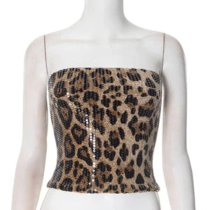 STYLISH LADY Sparkly Sequined Leopard Printed Crop Top 2025 Summer Women Strapless Zipper Slim Sexy Club Party Street Tops Tees