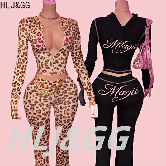 HLJ&GG Y2K Leopard Letter Hooded Two Piece Sets Women Zipper Long Sleeve Slim Crop Top And Pants Outfits Fashion 2pcs Streetwear
