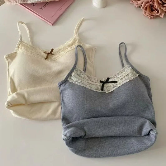 Women Camisole Tank Tops Sexy Bow Sleeveless Corset Top with Chest Pad Sweet Lace Patchwork Crop Tops Summer Slim Elegant Camis