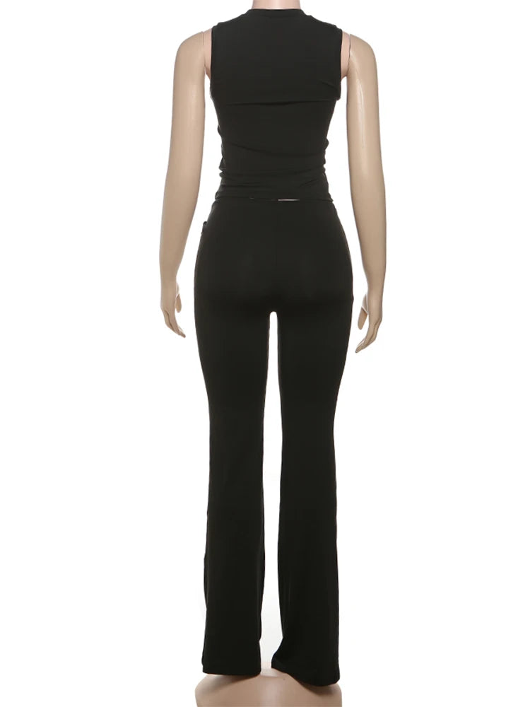 Weird Puss Heart Hollow 2 Piece Set Women o-Neck Sleeveless Tops+Skinny Stretch Pants Vacation Casual Simple Elegant Solid Suits