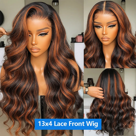 Upgraded 1B/30 Balayage Body Wave 13x4 Highlight Lace Front Human Hair Wig Vietnamese 30 Inch Omber Brown Colored Wig Human Hair