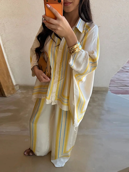 Women Striped Button Down Two Piece Set Long Sleeve Loose Fit Shirt Wide Leg High Waist Pants 2026 Spring Casual Fashion Outfit