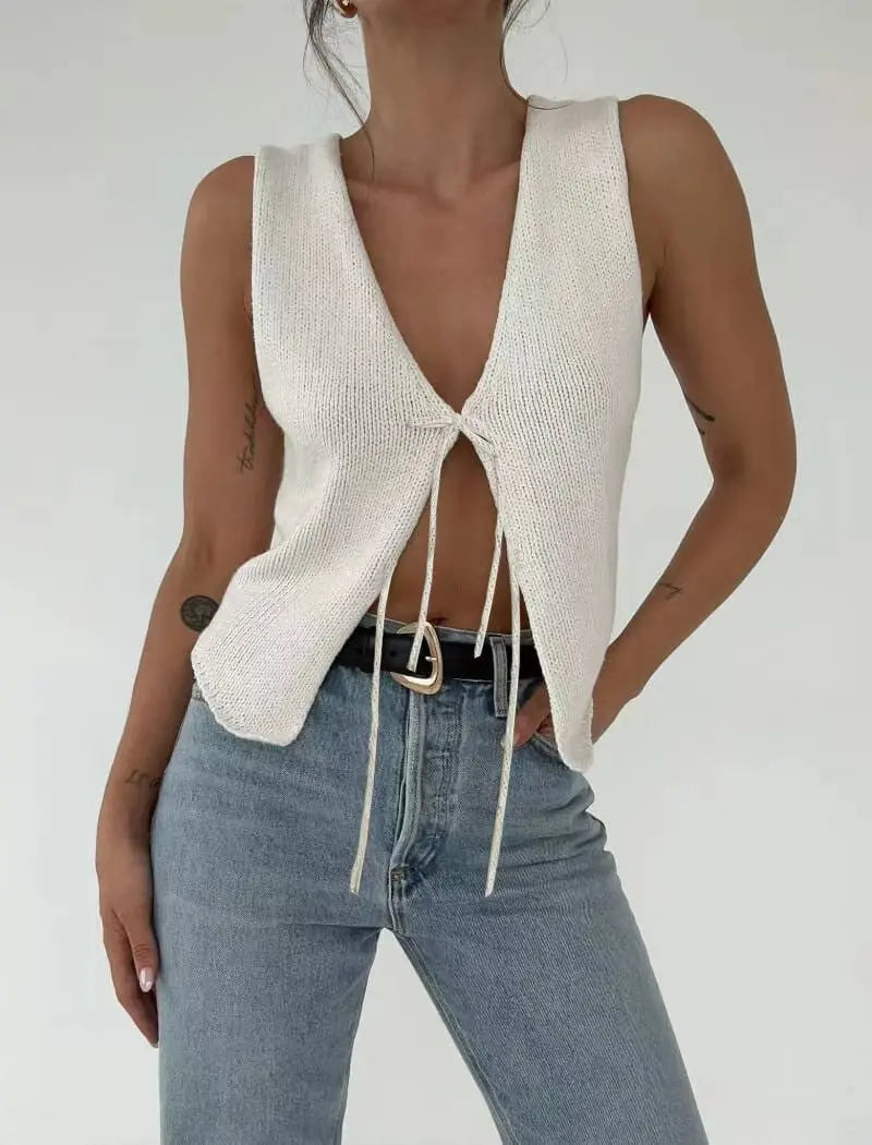 Nsauye 2024 Fashion Summer Y2K Crop Tops Women Knitted Sleeveless Cardigans Tops Outer Wear Sexy Club Lace Up Vest Tank Tops