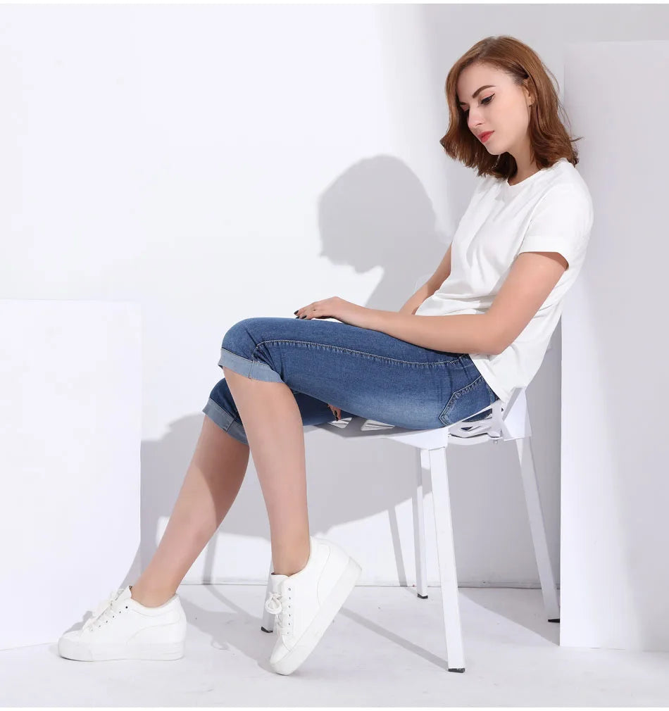 Ladies Jeans Pants Ladies Cropped Trousers Skinny Knee Length Jeans female Elastic High Waist Mom Jeans Oversize