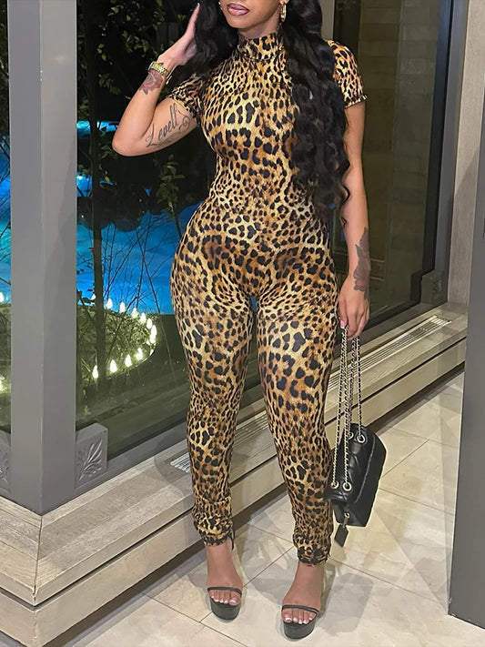 Weird Puss Peach Buttocks Jumpsuit Women Backless Leopard Print Shorts Sleeve Fitness Summer Trend Streetwear Workout Overalls