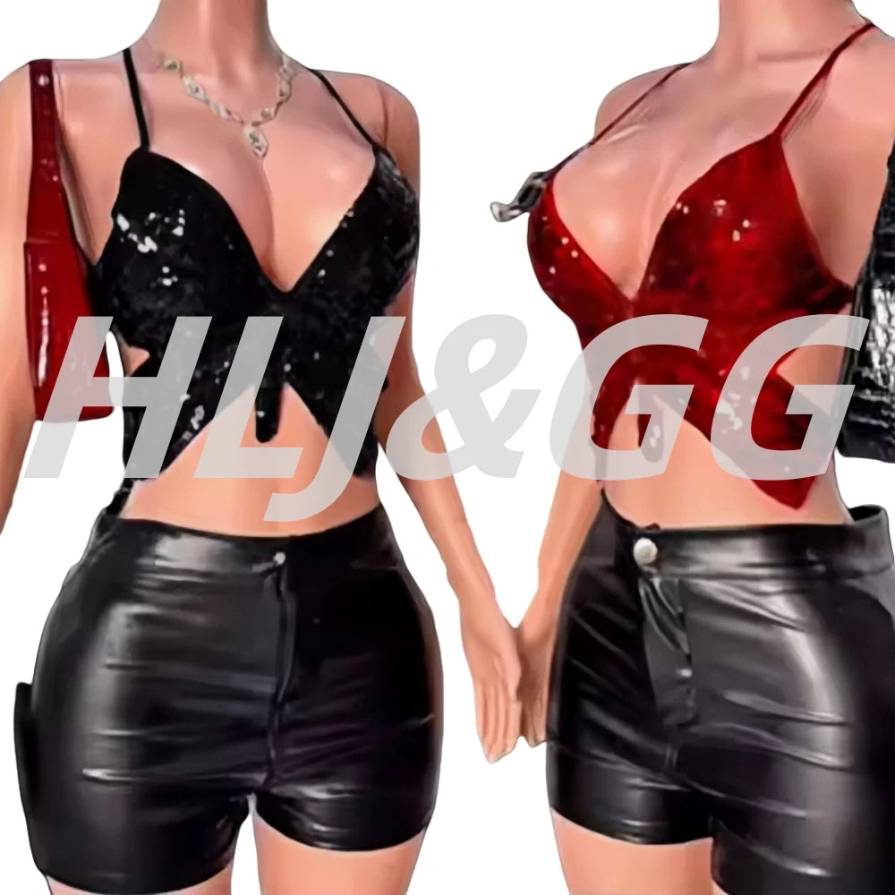 HLJ&GG Sexy Sequin Butterfly Tie Bra Vest Two Piece Sets Women Lace Up Sleeveless Backless Crop Top And Leather Shorts Outfits