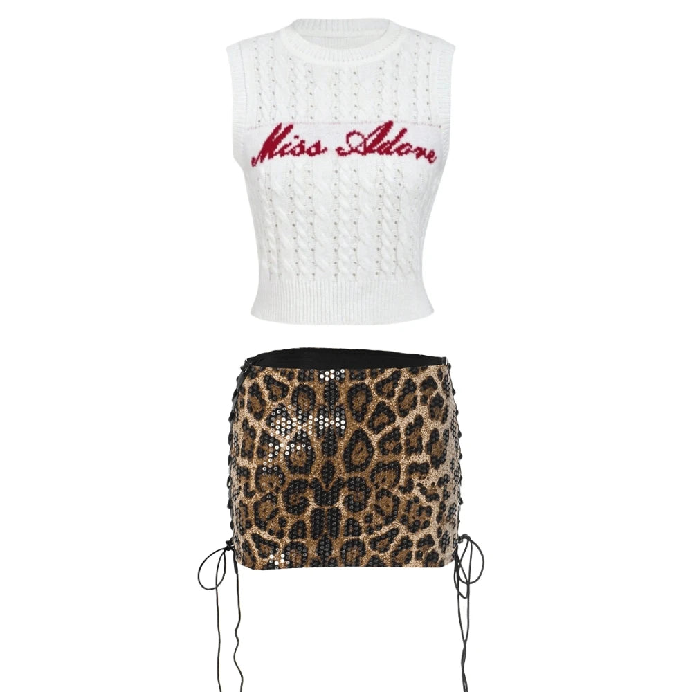 HLJ&GG Fashion Knitting Printing Tank Top Two Piece Set Women Sleeveless Slim Crop Vest+Leopard Side Bandage Mini Skirts Outfits