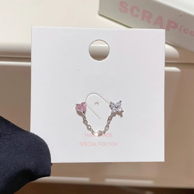 1PCS Pink Love Heart Chain Double Ear Hole 316L Stainless Steel Ear Bone Nail Y2K Fashion Hottie Earrings for Women Jewelry