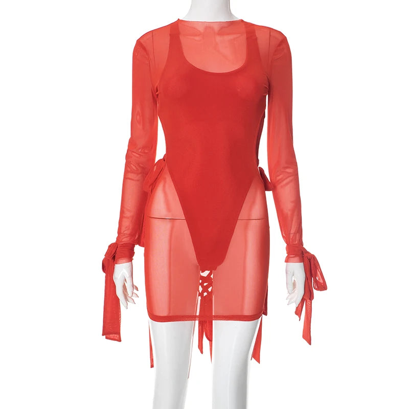 Weird Puss Irregular Backless 2 Piece Set Woman Bandgae Sexy Bodysuits+Mesh See Through Dress Vacation Beach Party Trend Outfits