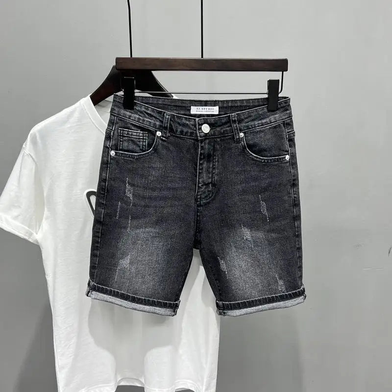 New Summer Men’s Casual 2024 Knee Length Denim Shorts Black Designer Boyfriend Slim Stretch Five Pocket Denim Short Pants