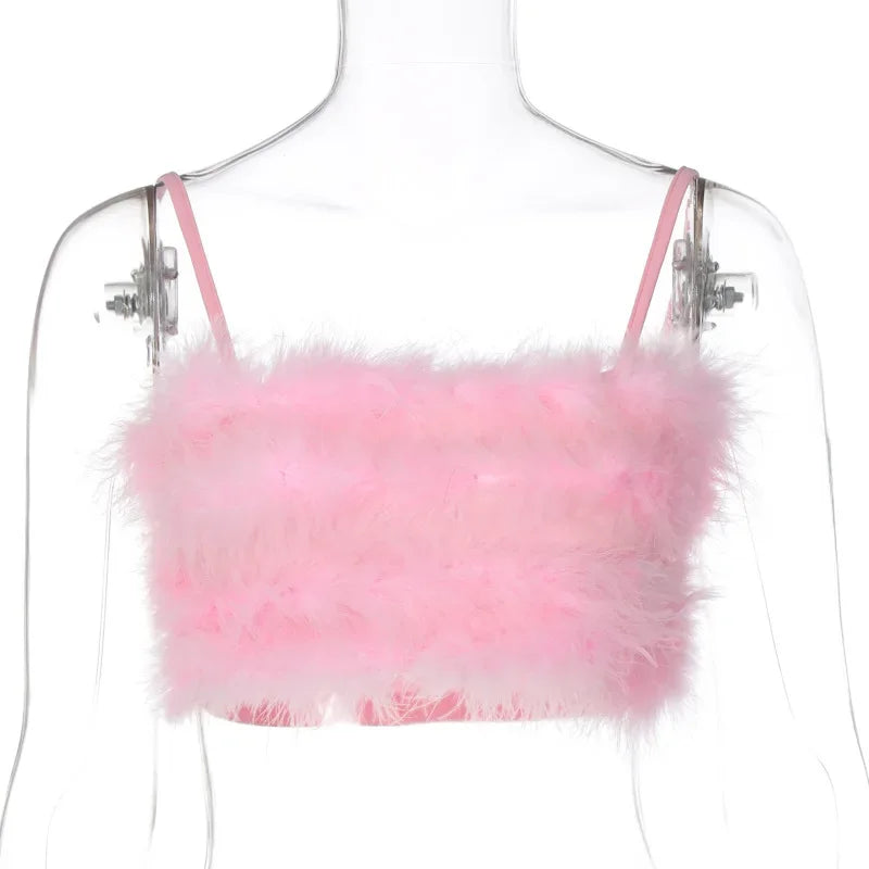 HLJ&GG Sweet Fur Tank Top Fashion Two Piece Set For Women Thin Strap Sleeveless Backless Slim Vest And Mini Puffy Skirt Outfits