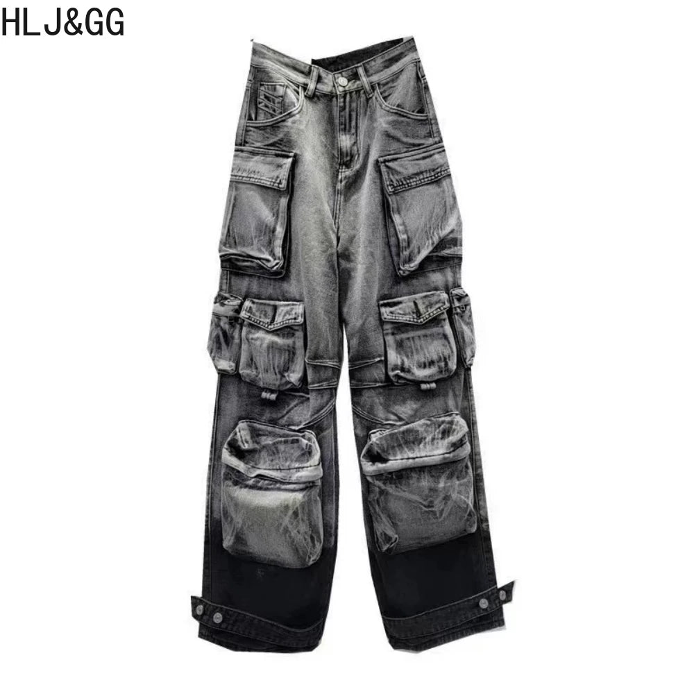 HLJ&GG American Vintage Letter Print Two Piece Sets Women Zip Long Sleeve Slim Top+jeans Pocket Pants Outfits Fashion Streetwear