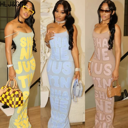 HLJ&GG Summer New Letter Print Bodycon Spaghetti Strap Long Dresses Women Sleeveless Backless Slim Vestidos Fashion Streetwear