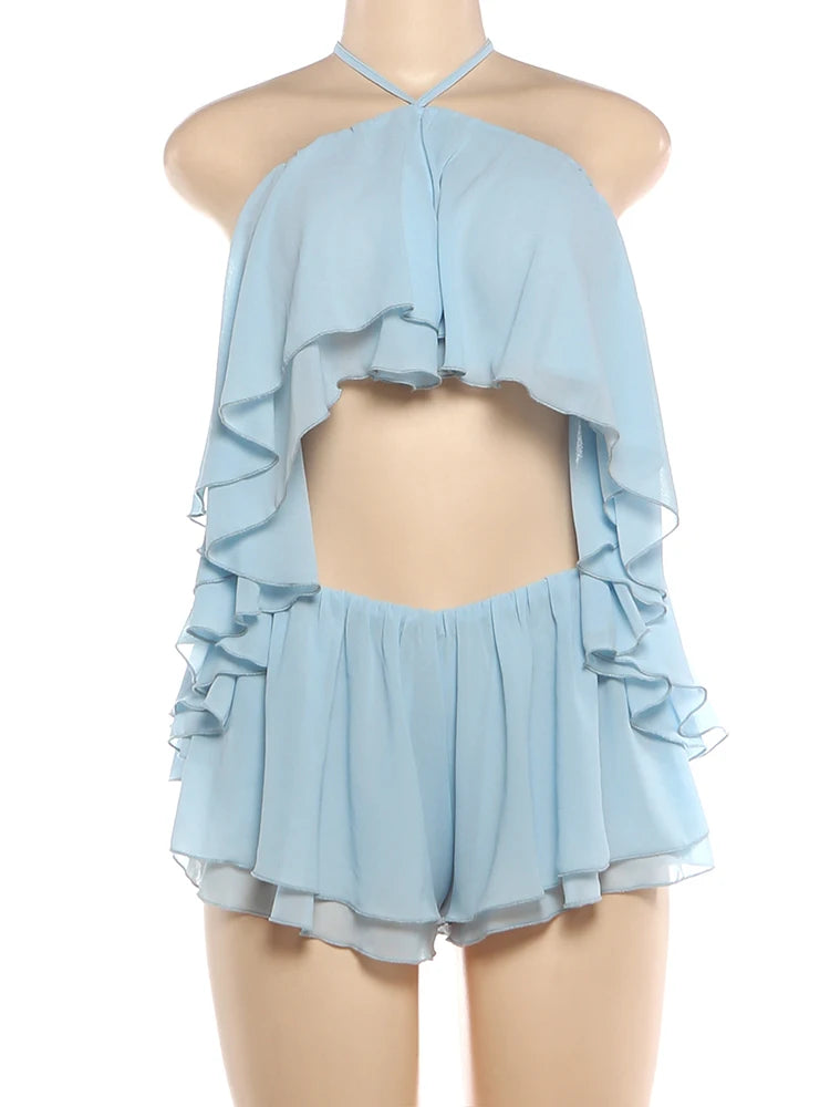 Weird Puss Ruched Elegant 2 Piece Set Woman Tierred Design Halter Backless Irregular Tops+Mini Shorts Beach Party Style Suits