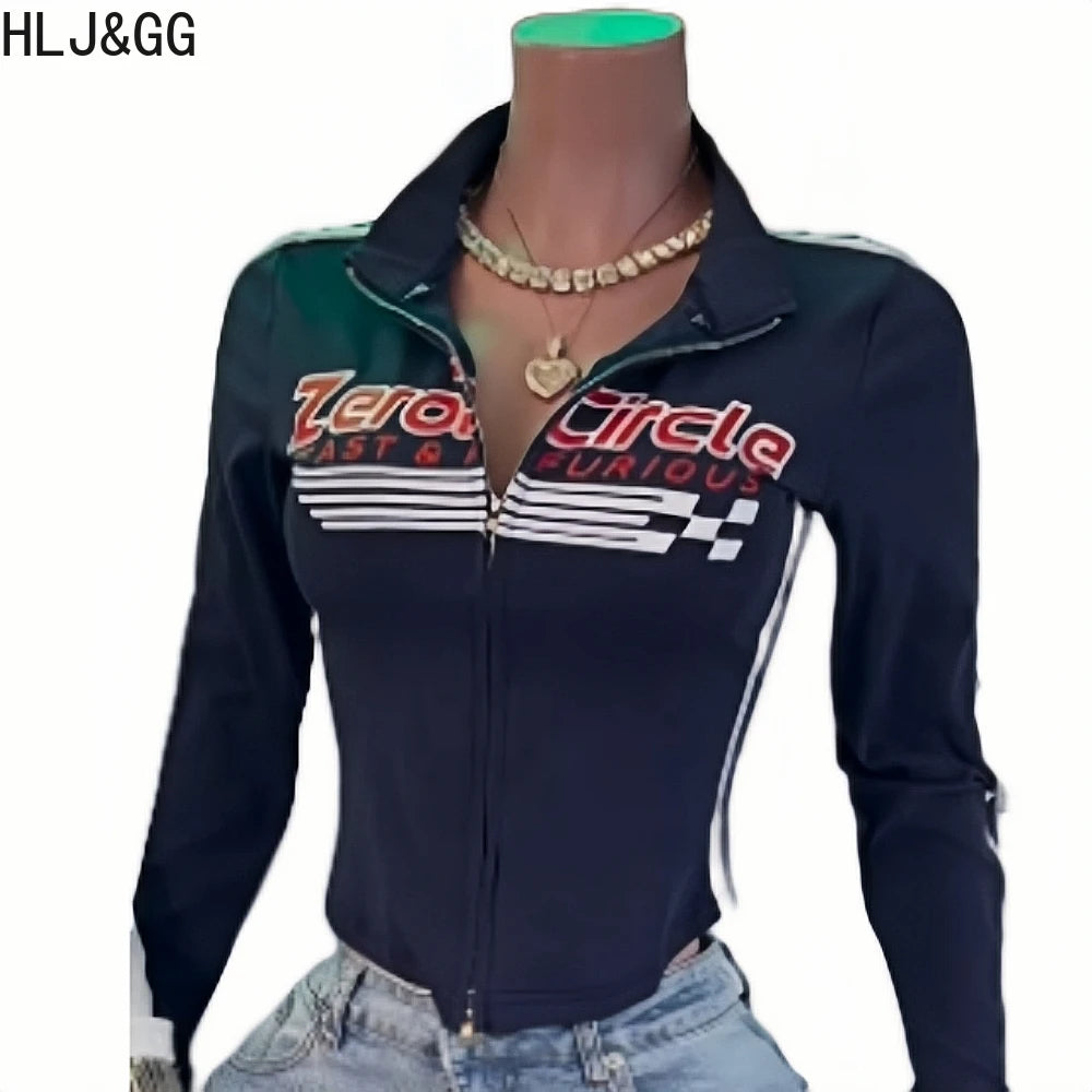 HLJ&GG American Vintage Letter Print Two Piece Sets Women Zip Long Sleeve Slim Top+jeans Pocket Pants Outfits Fashion Streetwear