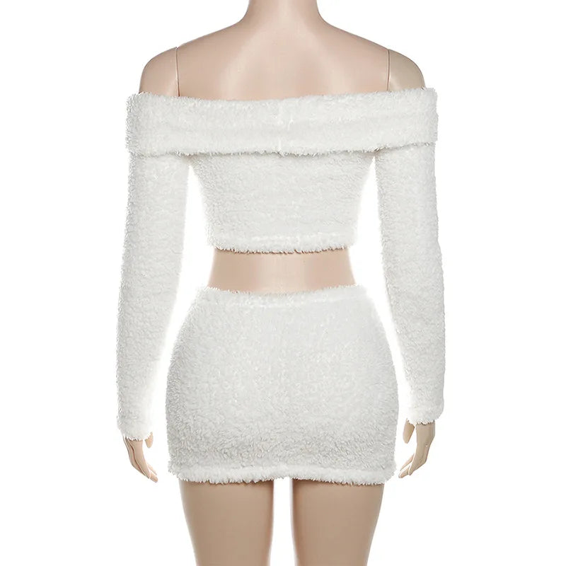 HLJ&GG Fashion Off Shoulder Fur Mini Skirts Two Piece Sets Women Long Sleeve Backless Slim Crop Top And Skirts Outfit Streetwear