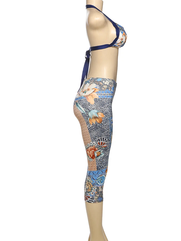 Weird Puss Colorful Print Women 2 Piece Set Tracksuit Summer Backless Camisole+Shorts Matching Street Stretch Activity Outfits