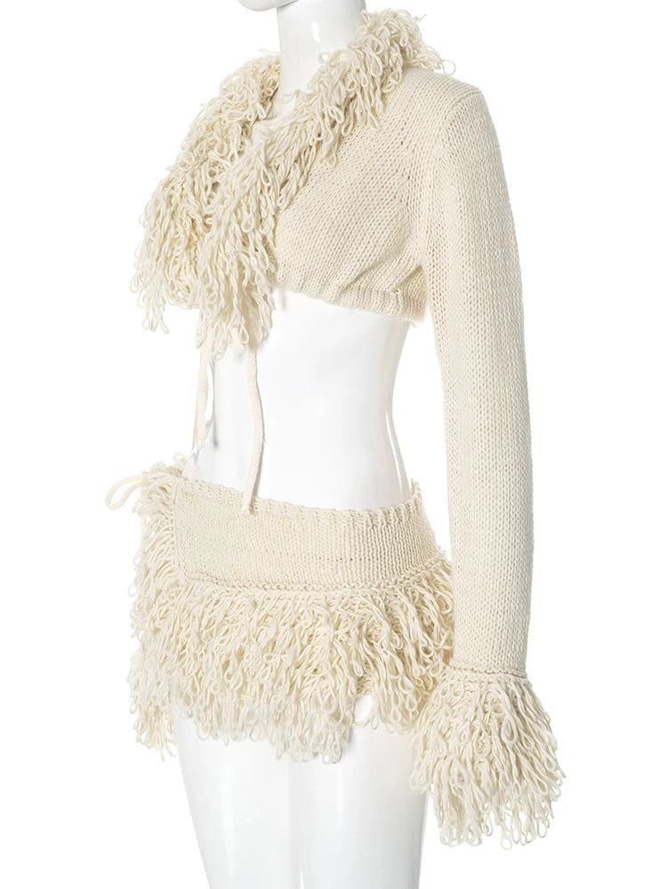 Weird Puss Crochet Tassel 2 Piece Set Women Lace-Up Cardigan Full Sleeve Crop Tops+Irregular Slits Mini Skirt Sexy Hipster Suit