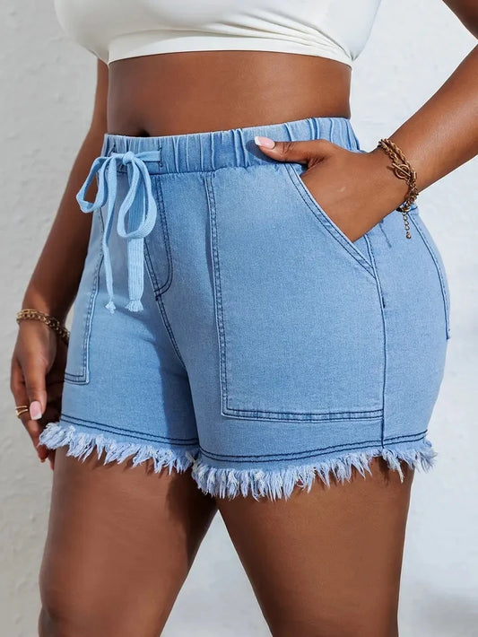 Ladies Plus Size jeans Shorts with High Stretch Elastic Waistband and Tassel Style, Fashionable and Versatile Jeans