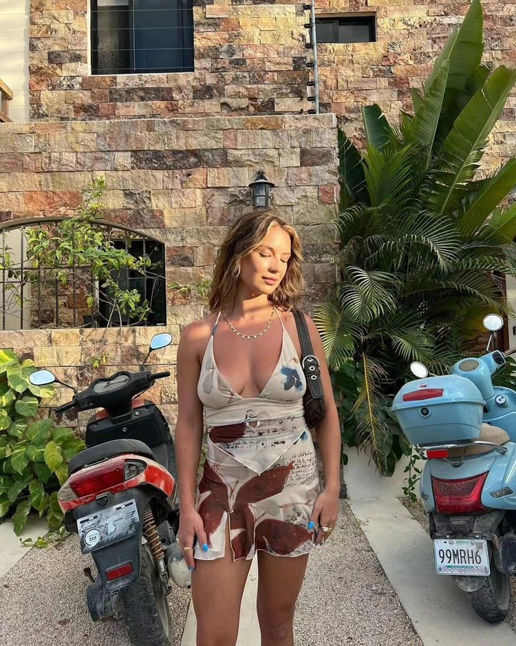STYLISH LADY Floral Printed Beach Mesh 2 Piece Set Women Halter Backless Crop Top and Mini Skirts Suits 2025 Holiday Outfits