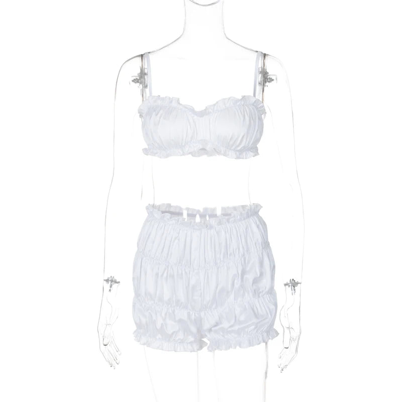 Weird Puss Elegant Trend Women 2 Piece Set Ruched Tracksuit Summer Sexy Ruffles Skinny Camisole+Shorts Casual Streetwear Outfits