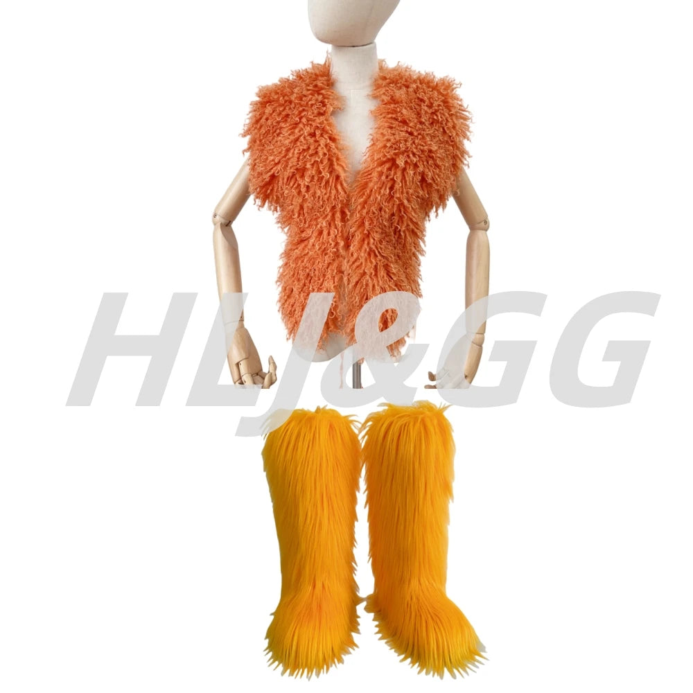 HLJ&GG Trend Y2K Two Piece Sets Women Fur Feather Halter Waistcoat Fashion Backless Lace Up Legs Cover Streetwear Clothing 2025